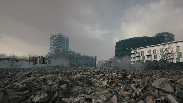 Rebuilding the city after the war. Destroyed residential buildings as a result of the war. City recovery concept. 3d animation
