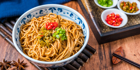 Close-up of hot dry noodles, gourmet food in Wuhan, China