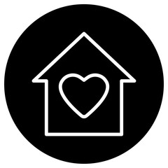 Heart, house vector simple icon. Flat design. White icon on black circle. White background.ai