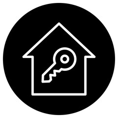 Key, house simple icon, vector. Flat desing. White icon on black circle. White background.ai