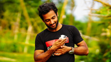 man with cute Rabbit pet animal and pet are concept