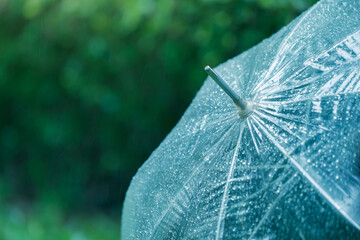 Rain drops cling to the clear umbrella to protect the rainy season in vintage tones.