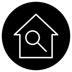 Magnifier, zoom, house simple icon vector. Flat design. White icon on black circle. White background.ai