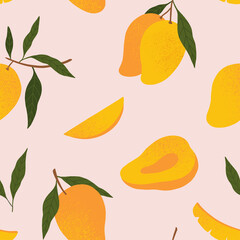 Seamless vector pattern with hand drawn textured mango on pink background. Tropical fruit background. For the design of textiles, wrapping paper, wallpaper. 