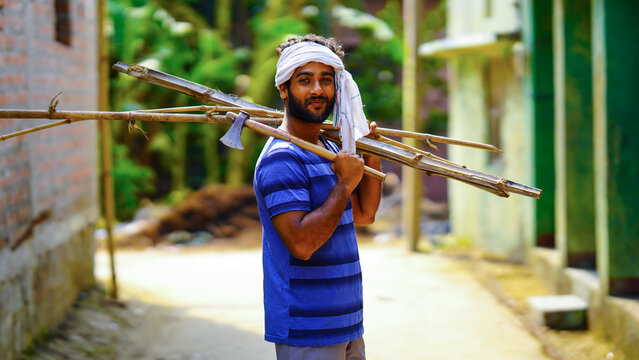 young villager man farmer happy indian farmer labor boy image
