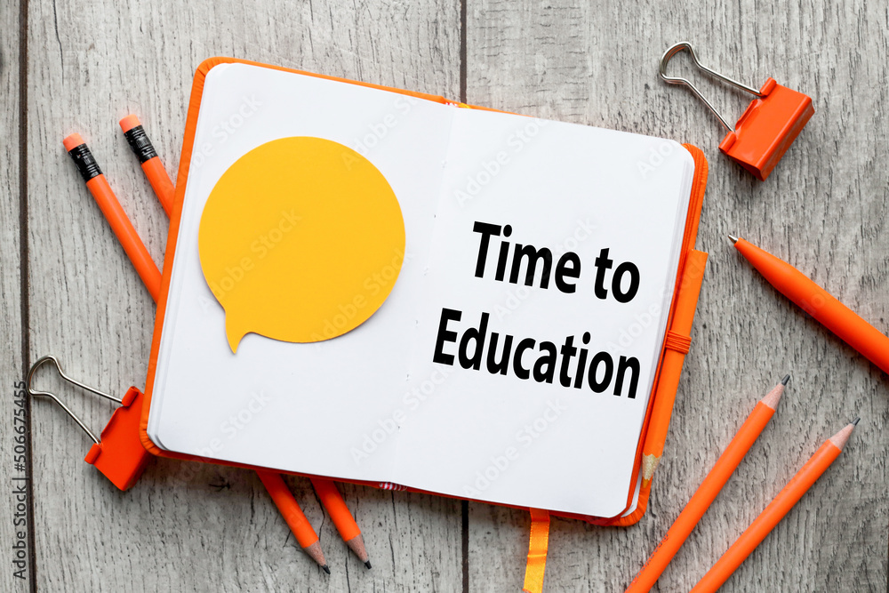 Poster time to education. orange pen for notepad and colorful notes on the background, open notebook with p