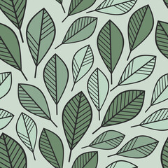 Green summer leaves vector seamless pattern. Geometric contour leaf background. Graphic abstract floral illustration. Wallpaper, backdrop, fabric, textile, print, wrapping paper or package design