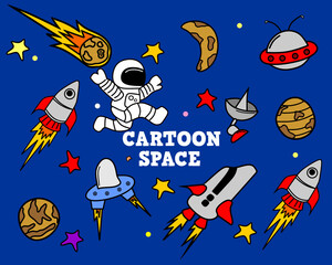 icon set cartoon theme illustration space, rocket, planet, star, astronaut.icon design for kids