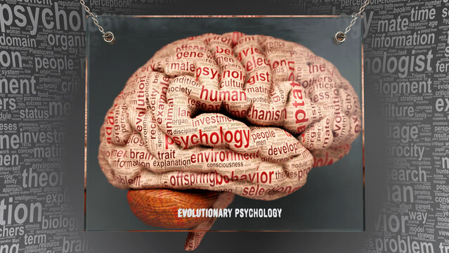 Evolutionary psychology in human brain - dozens of terms describing its properties painted over the brain cortex to symbolize its connection to the mind.,3d illustration