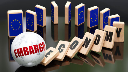 EU Europe and embargo, economy and domino effect - chain reaction in EU Europe set off by embargo causing a crash - economy blocks and EU Europe flag,3d illustration - obrazy, fototapety, plakaty