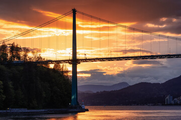 Stanley Park, Lions Gate Bridge and City with Mountains in Background on the West Coast of Pacific...