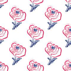 Seamless abstract stylized pattern, white contour poppies on a blue background. Hand drawing. Vector illustration. Elegant modern design for fabrics, wrapping paper, wallpaper and backgrounds