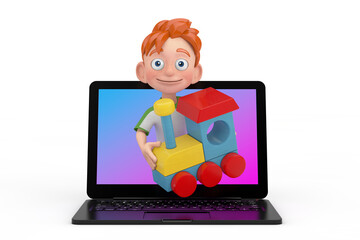 Cartoon Little Boy Teen Person Character Mascot with Colorful Children Wooden Toy Locomotive Train Invites to Play Through Laptop Screen. 3d Rendering