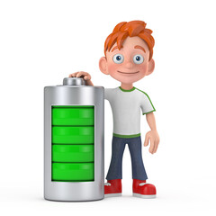 Cartoon Little Boy Teen Person Character Mascot with Abstract Charging Battery. 3d Rendering