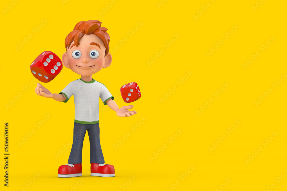 Poster cartoon little boy teen person character mascot with red game dice cubes in flight. 3d rendering