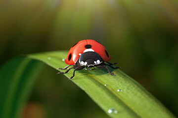 Red Realistic Beautiful Ladybird Walking on Green Grass Leaf in the Morning. 3d Rendering