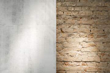 Old vintage brick and gray concrete wall. Grunge texture and wallpaper