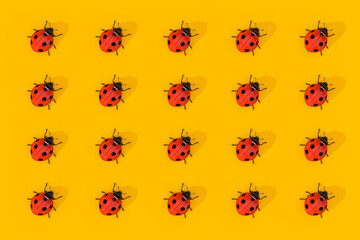Row of Red Realistic Beautiful Ladybirds. 3d Rendering