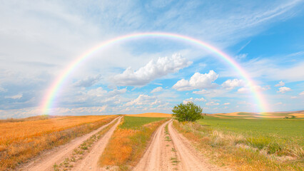 Country dirt road with two tracks curving through a grassy meadow towards with amazing rainbow and cloudy sky