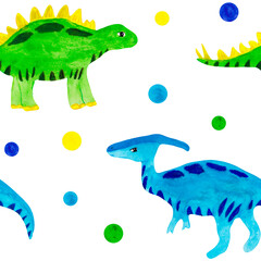 Watercolor seamless pattern cartoon dinosaurs with balls
