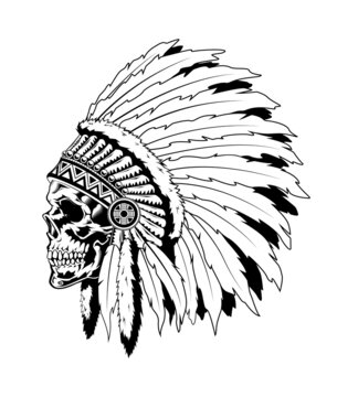 Vintage monochrome highly detailed illustration of Indian skull with feathers. Isolated vector template