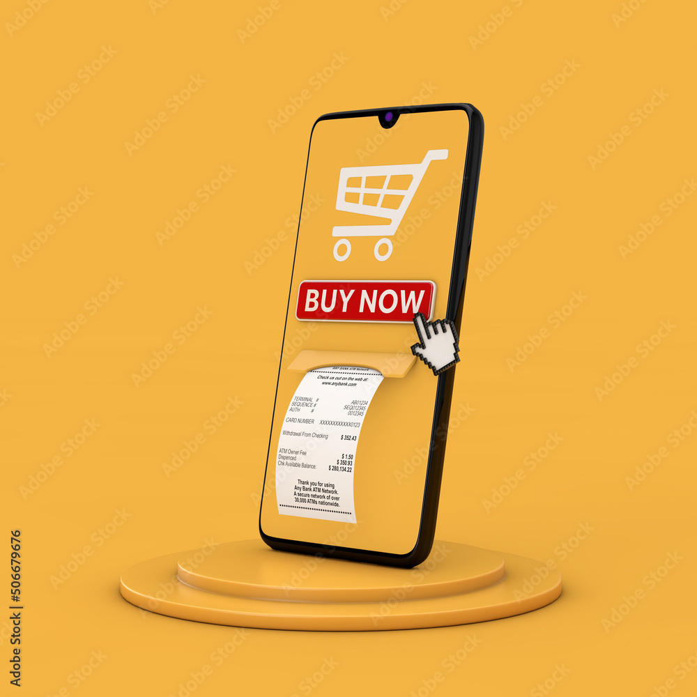 Poster online buy it now concept. mobile smartphone with buy now button, shopping cart icon and printed abs