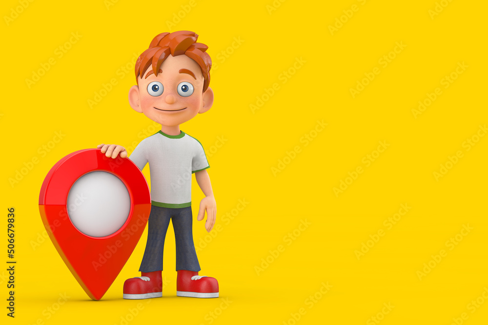 Poster cartoon little boy teen person character mascot with red map pointer target pin. 3d rendering