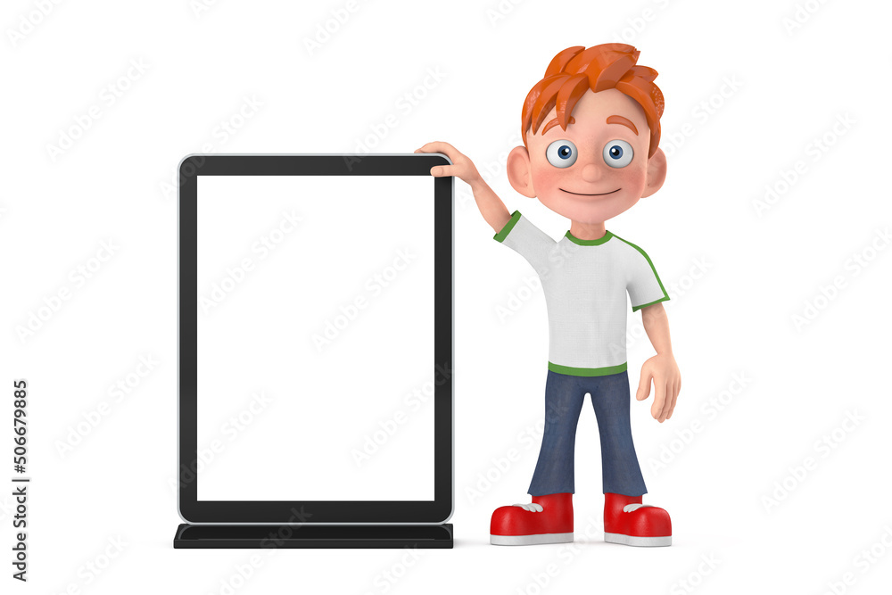 Poster cartoon little boy teen person character mascot with blank trade show lcd screen display stand as te