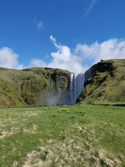 Waterfall in the island iceland sunny day blue sky white clear clouds on a roadtrip