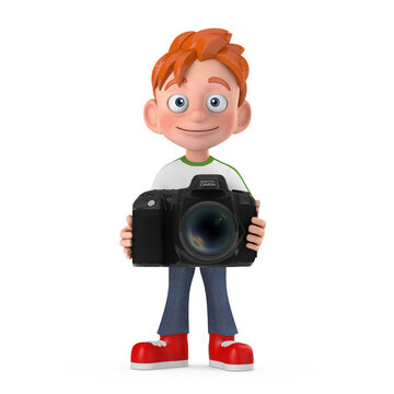 Cartoon Little Boy Teen Person Character Mascot with Modern Digital Photo Camera. 3d Rendering