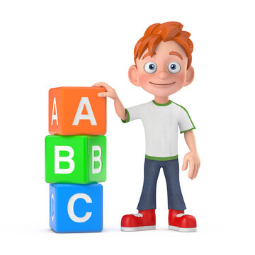 Cartoon Little Boy Teen Person Character Mascot with Alphabet ABC Education Cubes. 3d Rendering