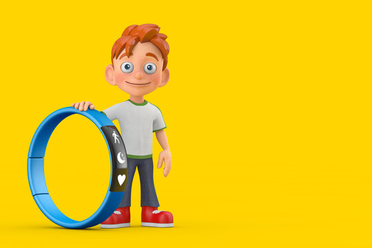 Cartoon Little Boy Teen Person Character Mascot With Blue Fitness Tracker. 3d Rendering