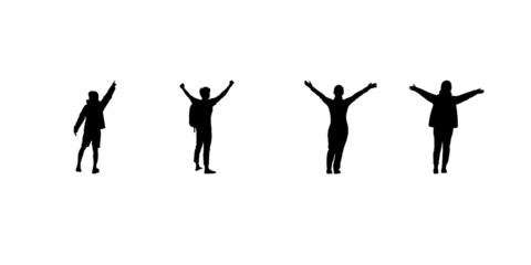 silhouette male and female standing and open arms on white background..