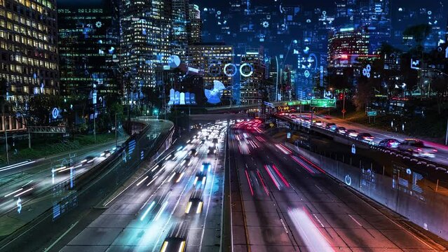 Holographic Icons and Charts over Timelapse View of I110 Harbor Freeway. Downtown Los Angeles at Night. Highway Full of Traffic. Technology, Internet of Things, Transportation. Financial District.