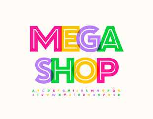 Vector advertising sign Mega Shop. Bright colorful Font. Creative Alphabet Letters and Numbers