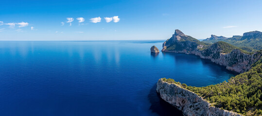 Panoramic view of beautiful Mediterranean seascape. Scenic Rocky cliffs on seaside against sky....