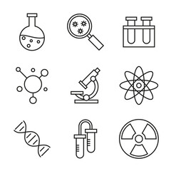 Vector set of chemical icons. Test tubes, flasks, dna helix, atomic bonds. Linear style editable stroke.
