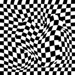 Distorted, deformed grids from checkered pattern. Abstract dynamical warp. Vector square deformation background. Black and white illustration.