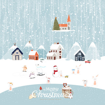Vector cute Winter wonderland at countryside with snow falling, rabbit ,polar bear playing ice skate in the park, people skiing on the mountain,New Year 2023,Christmas holiday greeting card background