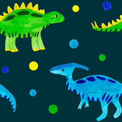 Watercolor seamless pattern cartoon dinosaurs with balls
