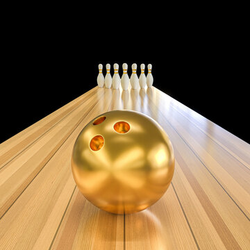 gold bowling ball and skittles on the line.