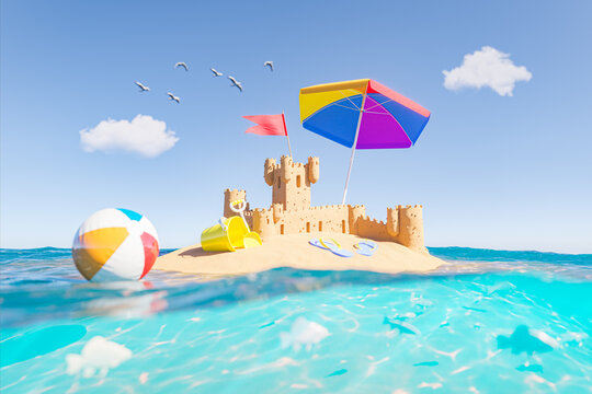 sand castle on an island with beach toys