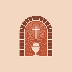 Christian illustration. Cross, holy chalice and bread.