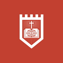 Christian illustration. Cross, globe on the background of an open bible. Fortress of faith.