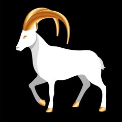 Strong ram with big golden horns. White sheep for islamic holiday or festival Eid Al Adha. Design animal for decoration poster or postcard. Sacrificial goat in flat style. Graphic vector illustration