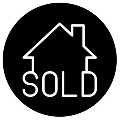 Sold, house simple icon vector. Flat design. White icon on black circle. White background.ai