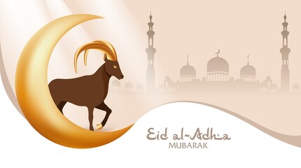 Template for web banner to arabic holy festival Eid Al Adha. Design elements with sunbeams for muslim holiday. Sacrificial ram with golden crescent on mosque silhouette background. Vector illustration