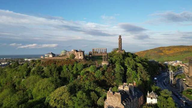 An aerial view of Calton Hill in Edinburgh, Scotland