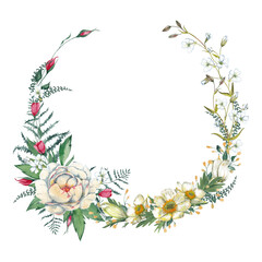 Delicate floral wreath. White peony flowers, red roses, leaves, fern and garden greenery. Romantic frame. Watercolor hand painted isolated element on white background.