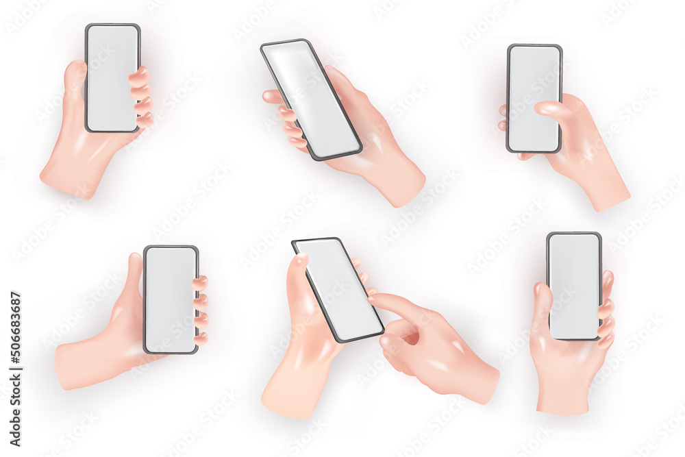 Poster hands set of realistic 3d design in cartoon style. hand shows different gestures signs. collection i